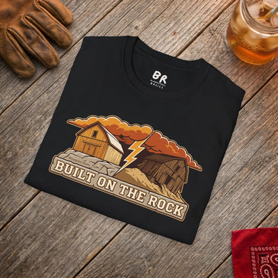 Built on the Rock christian shirt for men, Built on the Rock split barn parable design