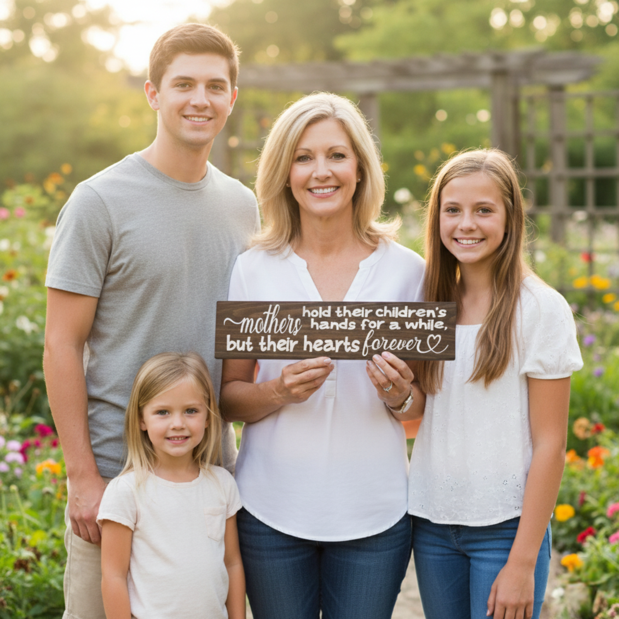 A happy mother standing outdoors with her three children holding her "Mothers hold their hearts forever" carved gift sign.