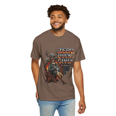 Man wearing a brown t-shirt with a graphic design and text on a white background