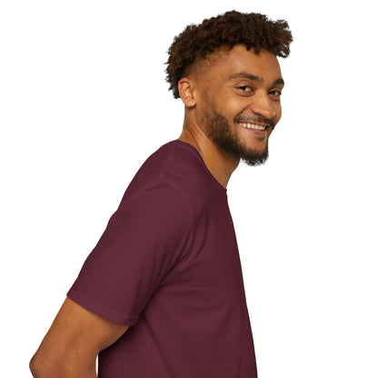 Man wearing a maroon t-shirt on a white background