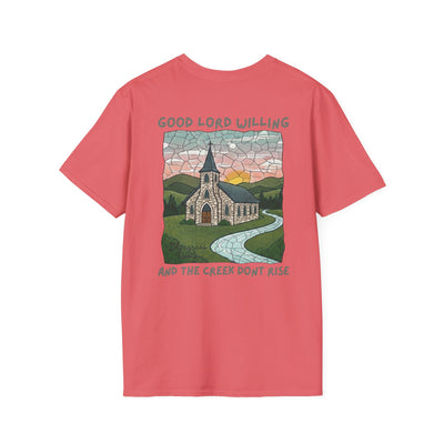 Pink t-shirt with a graphic design of a church and text on a white background