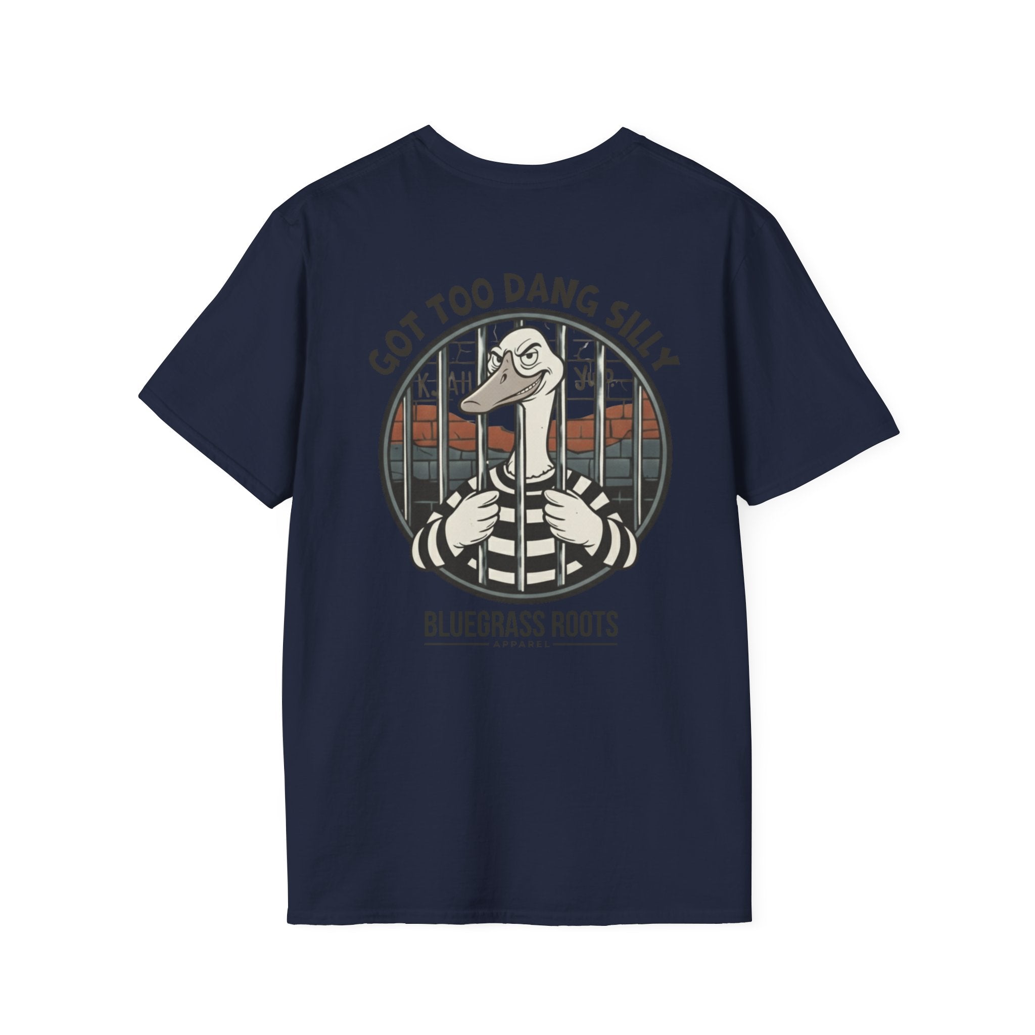 Navy blue t-shirt with a graphic design on the back featuring a cartoon character and text.