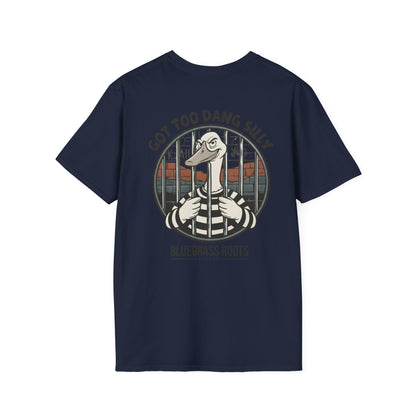 Navy blue t-shirt with a graphic design on the back featuring a cartoon character and text.