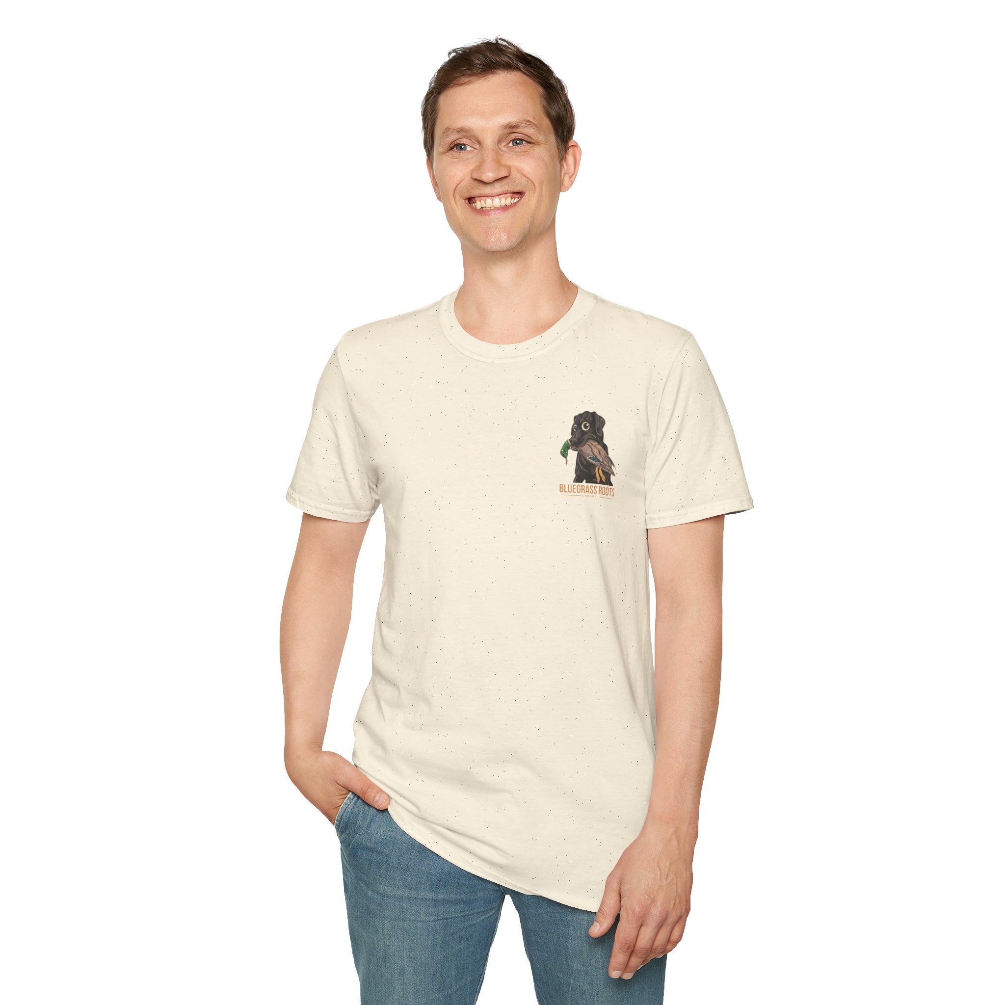 Man wearing a cream t-shirt with a dog graphic on a white background