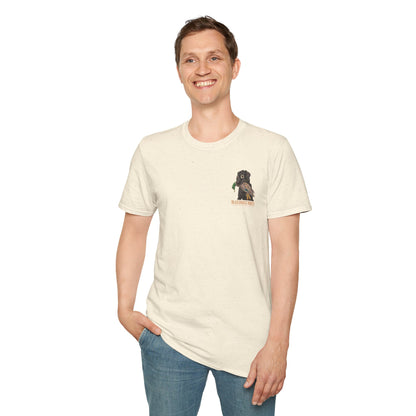 Man wearing a cream t-shirt with a dog graphic on a white background