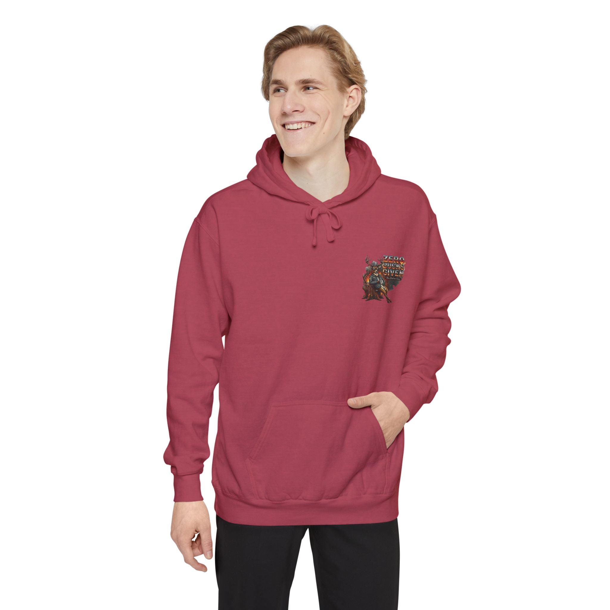 Person wearing a red hoodie with a pocket design on a white background