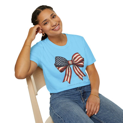 4th of July Shirt — American Flag Bow Tee for Women in Sky