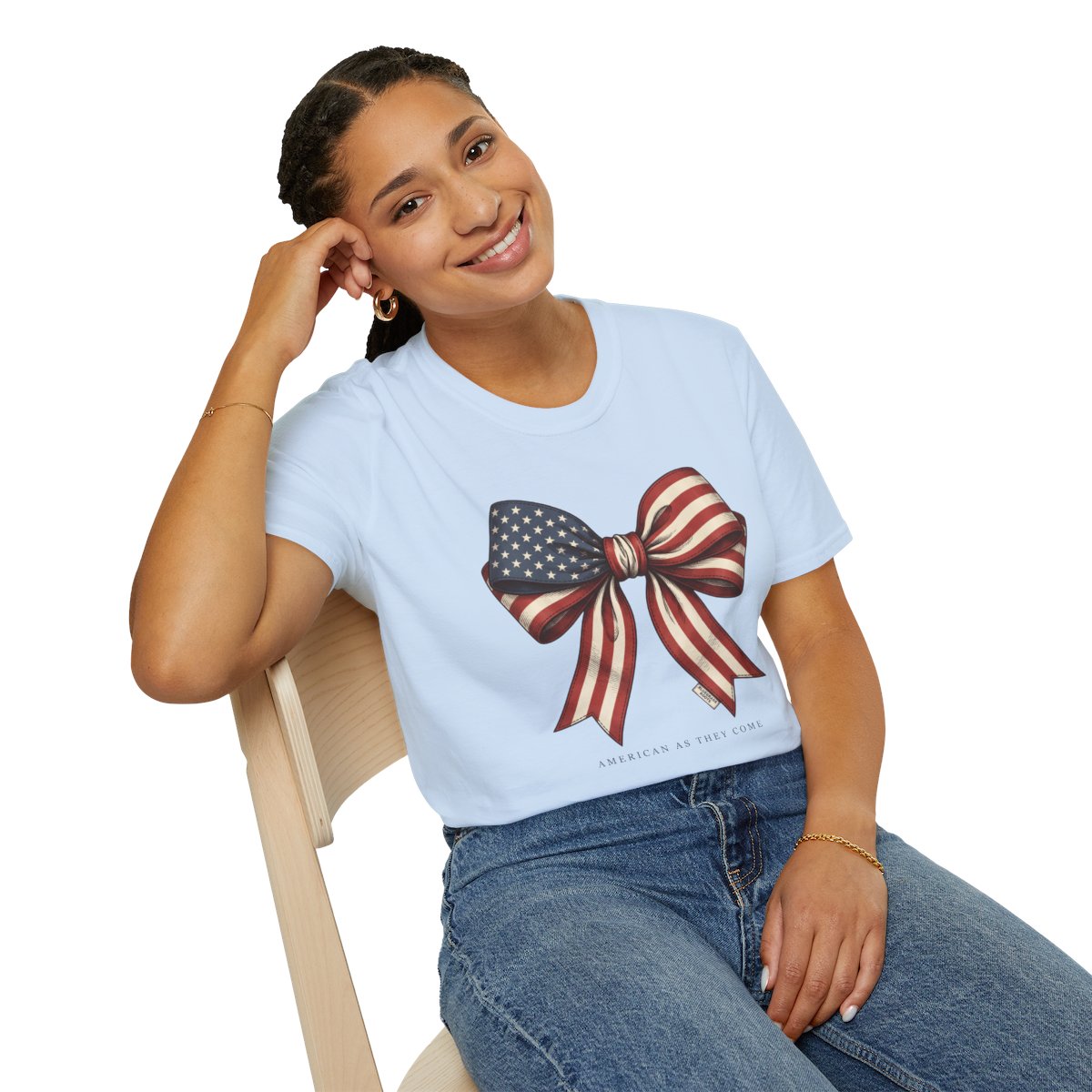 4th of July Shirt — American Flag Bow Tee for Women in Light Blue