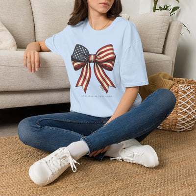 4th of July Shirt — American Flag Bow Tee for Women in Light Blue