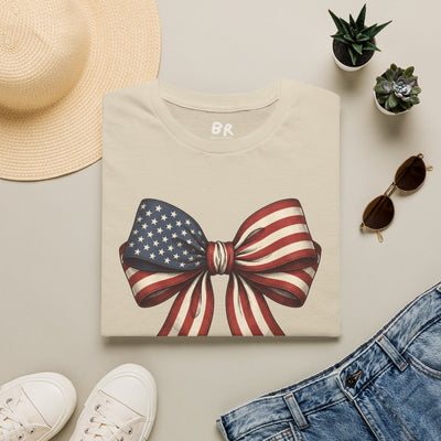 4th of July Shirt — American Flag Bow Tee for Women in Sand
