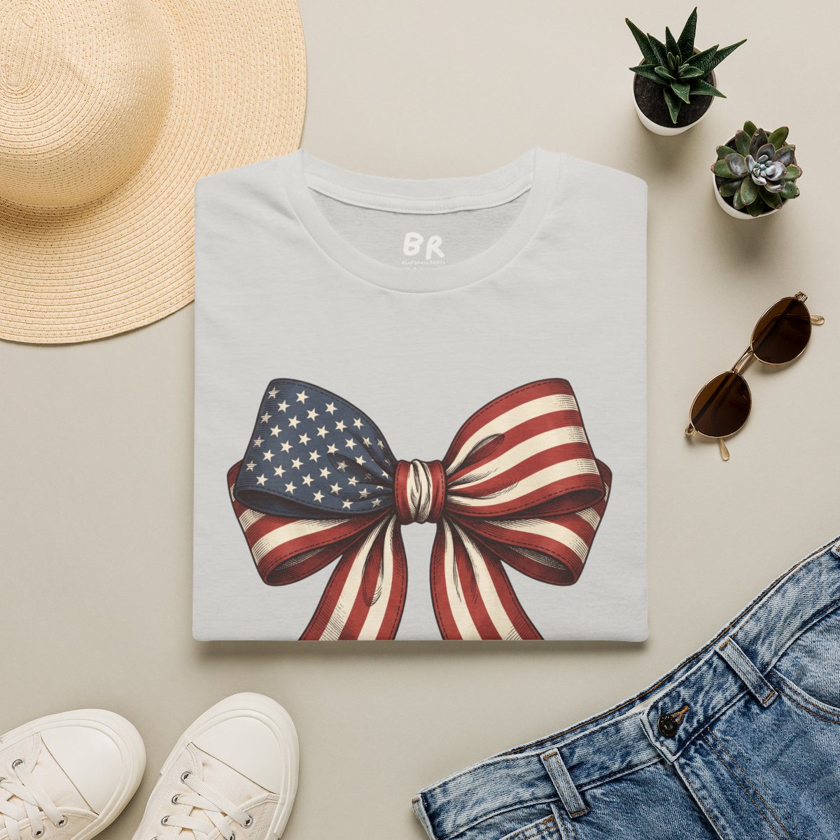 4th of July Shirt — American Flag Bow Tee for Women in Ice Grey
