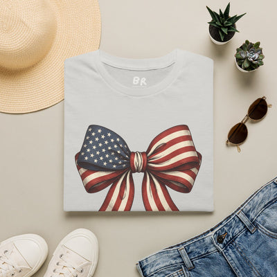 4th of July Shirt — American Flag Bow Tee for Women in Ice Grey