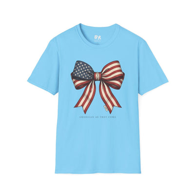 4th of July Shirt — American Flag Bow Tee for Women in Sky