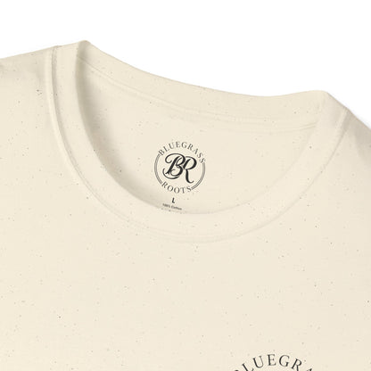 Close-up of a beige t-shirt with 'Bluegrass Roots' logo on a white background