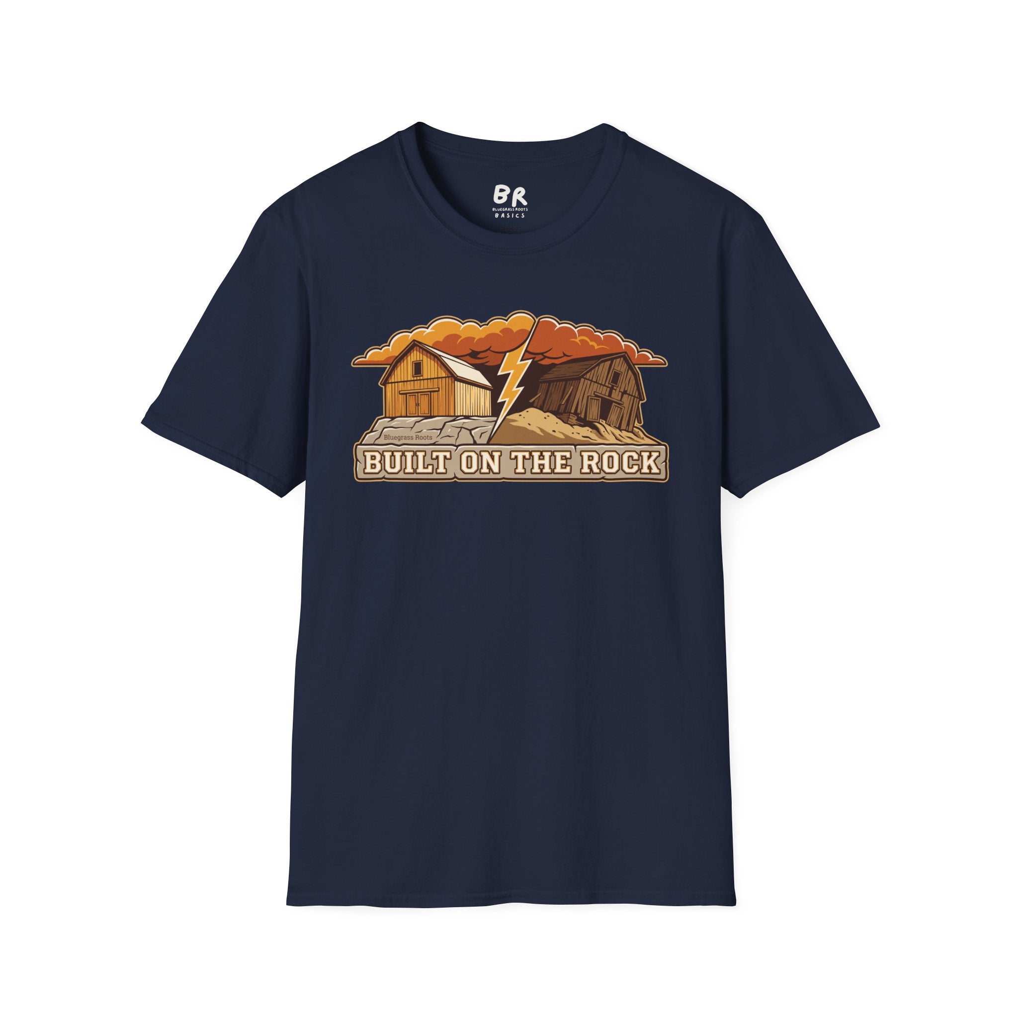 Built on the Rock christian shirt for men, Built on the Rock split barn parable design
