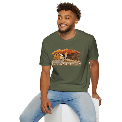 Built on the Rock christian shirt for men, Built on the Rock split barn parable design