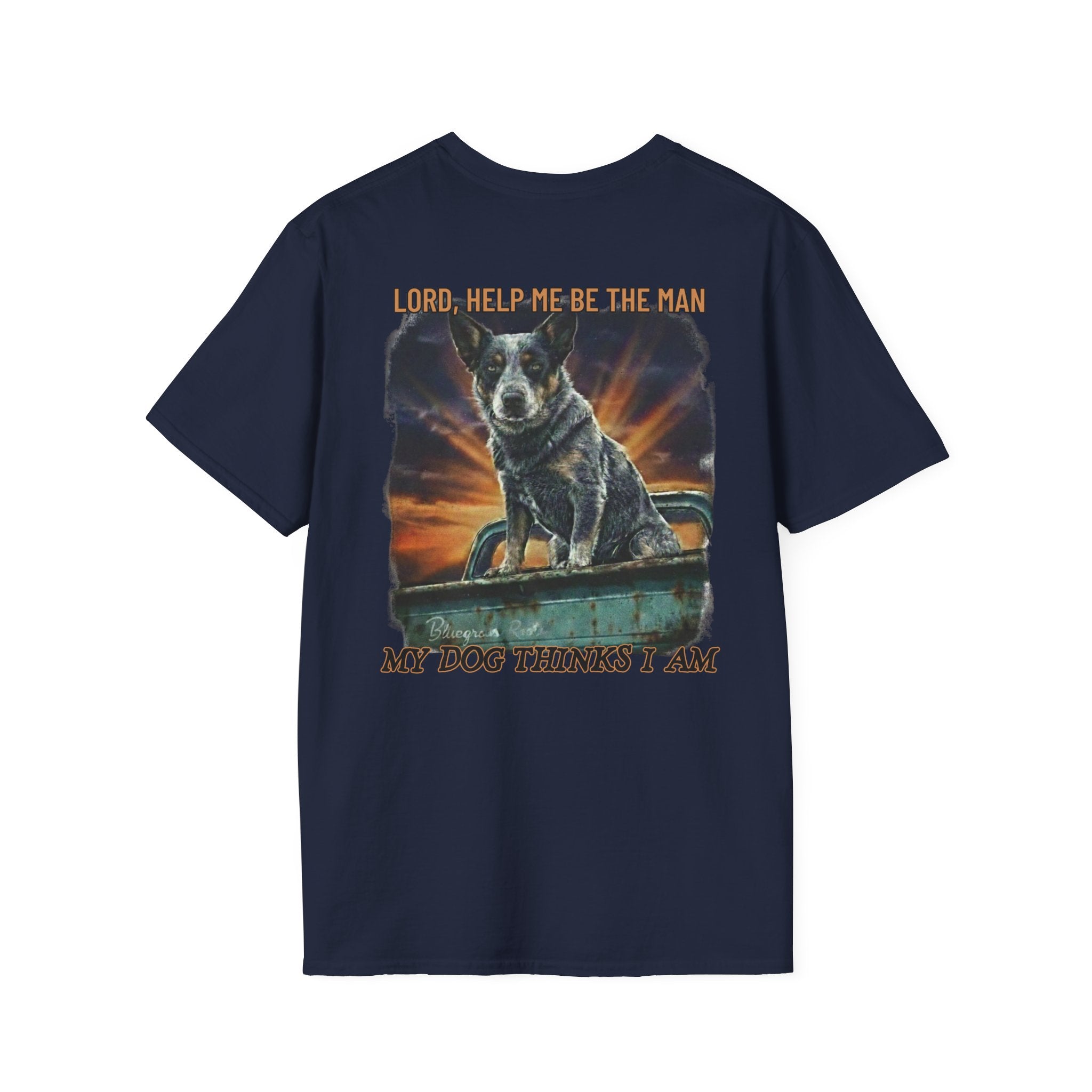 Navy blue t-shirt with a graphic of a dog and text on the back, on a white background