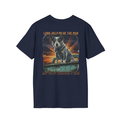 Navy blue t-shirt with a graphic of a dog and text on the back, on a white background