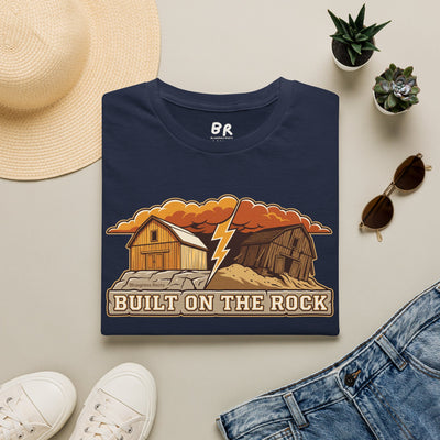 Built on the Rock christian shirt for men, Built on the Rock split barn parable design