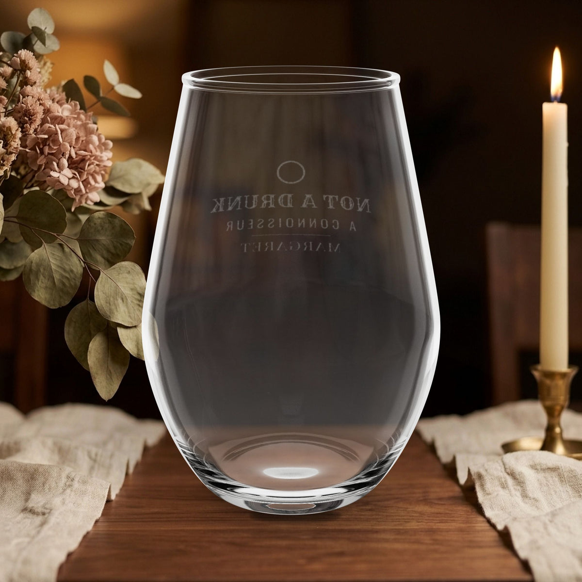 Not a Drunk, a Connoisseur Wine Glass — funny wine glass, shown with the personalization