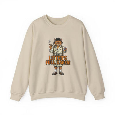 Beige sweatshirt with a graphic of a cat in a robe and text on a white background