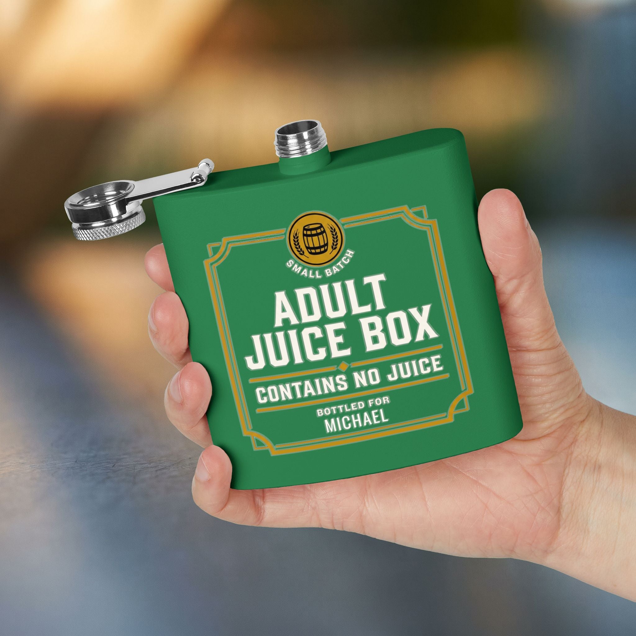 Adult Juice Box Flask humorous personalized flask in Royal — cap detail