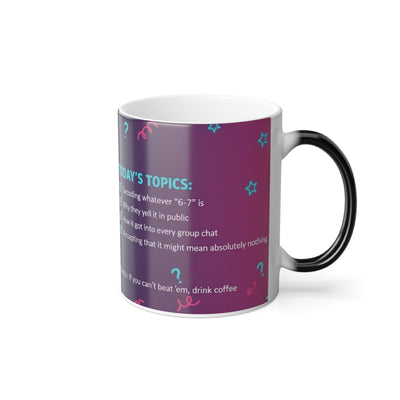 Studio shot of 6–7 Parent Support Group magic mug featuring Today’s Topics checklist side with purple gradient background.