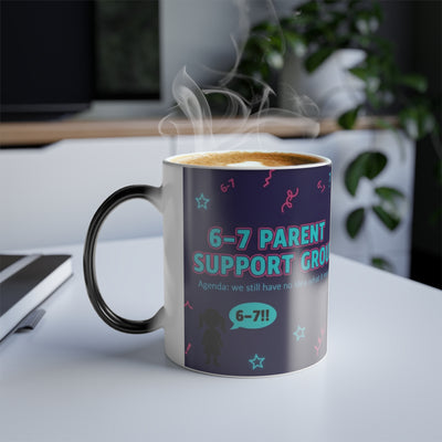 6–7 Parent Support Group magic mug in cozy home setting with steam rising and front title design visible for moms.