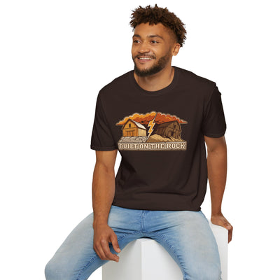 Built on the Rock christian shirt for men, Built on the Rock split barn parable design