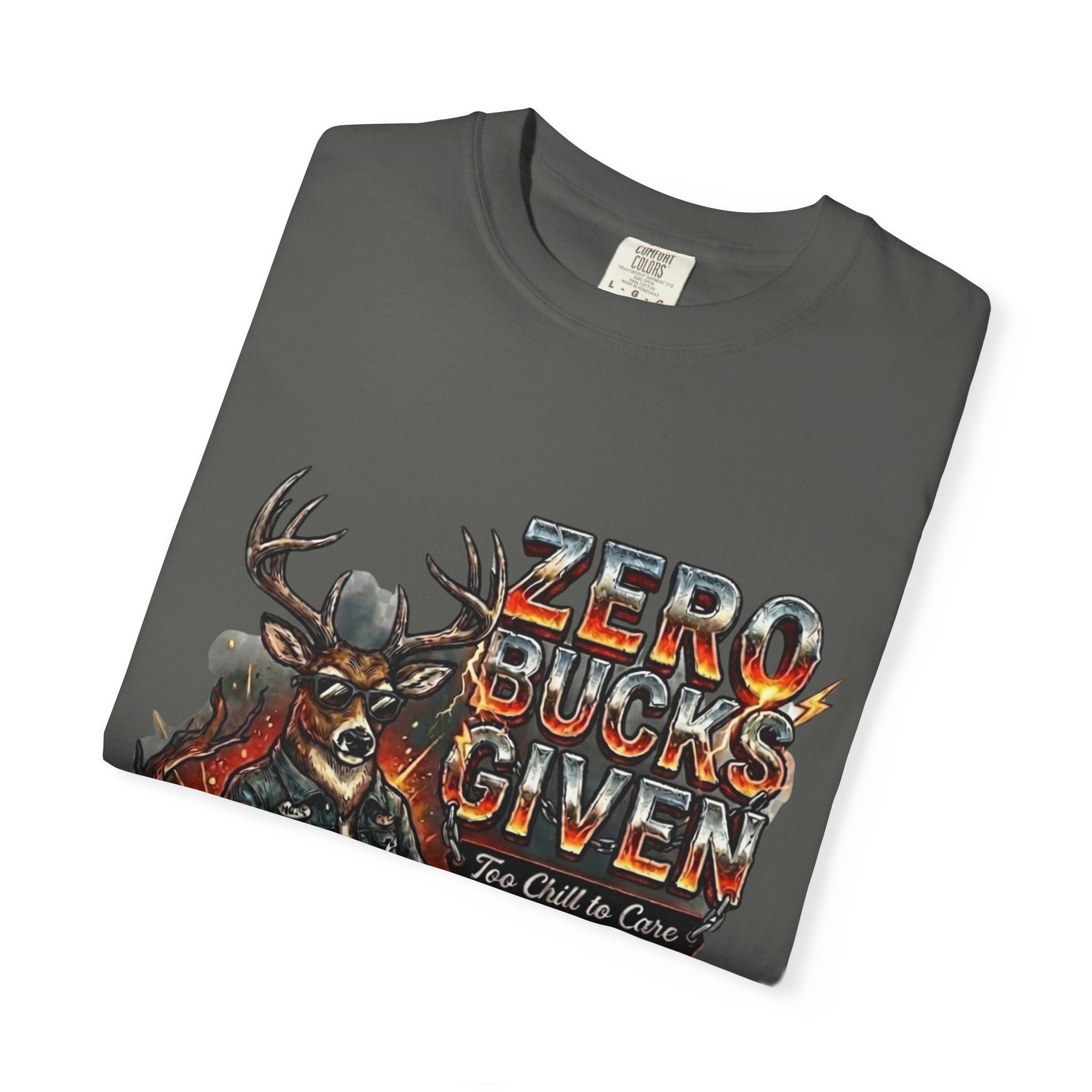 Folded gray t-shirt with a graphic of a deer and text 'Zero Bucks Given' on a white background