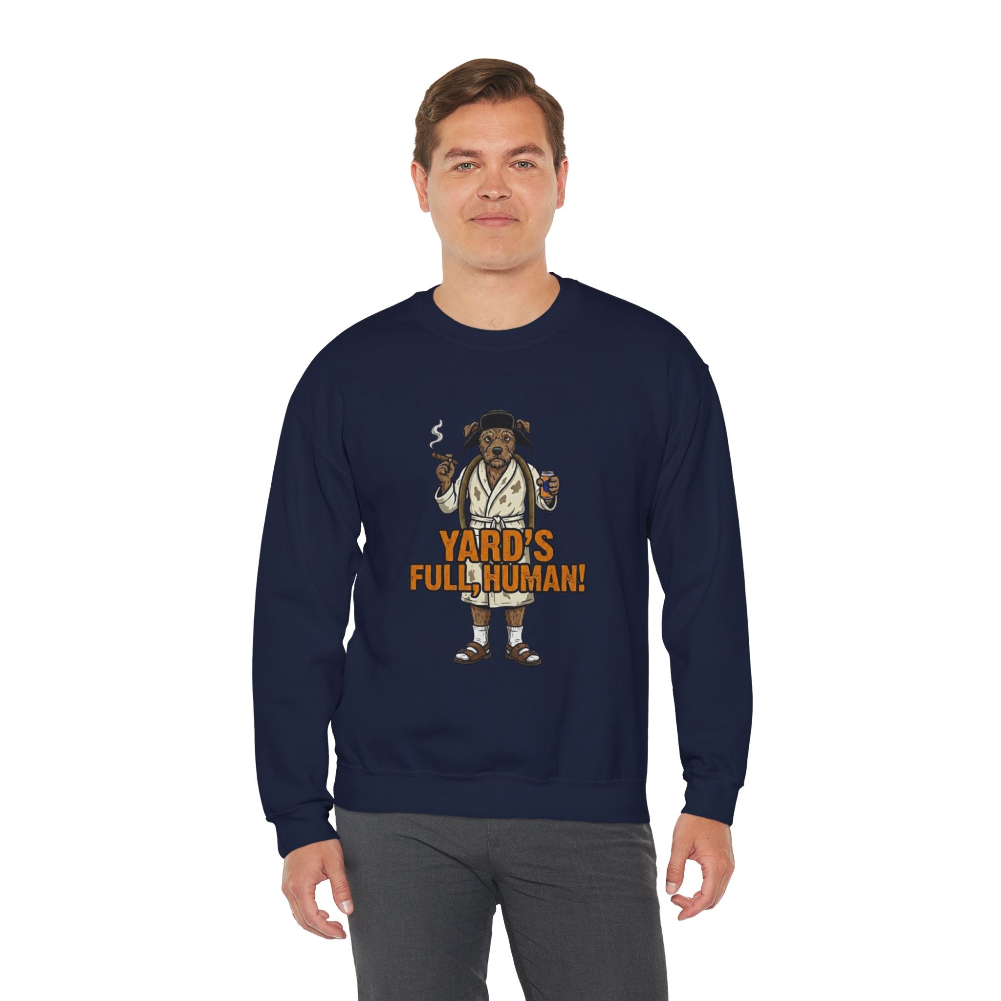 Man wearing a navy blue sweatshirt with a graphic design on a white background