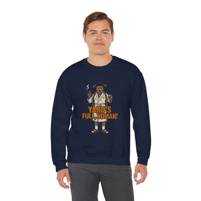 Man wearing a navy blue sweatshirt with a graphic design on a white background
