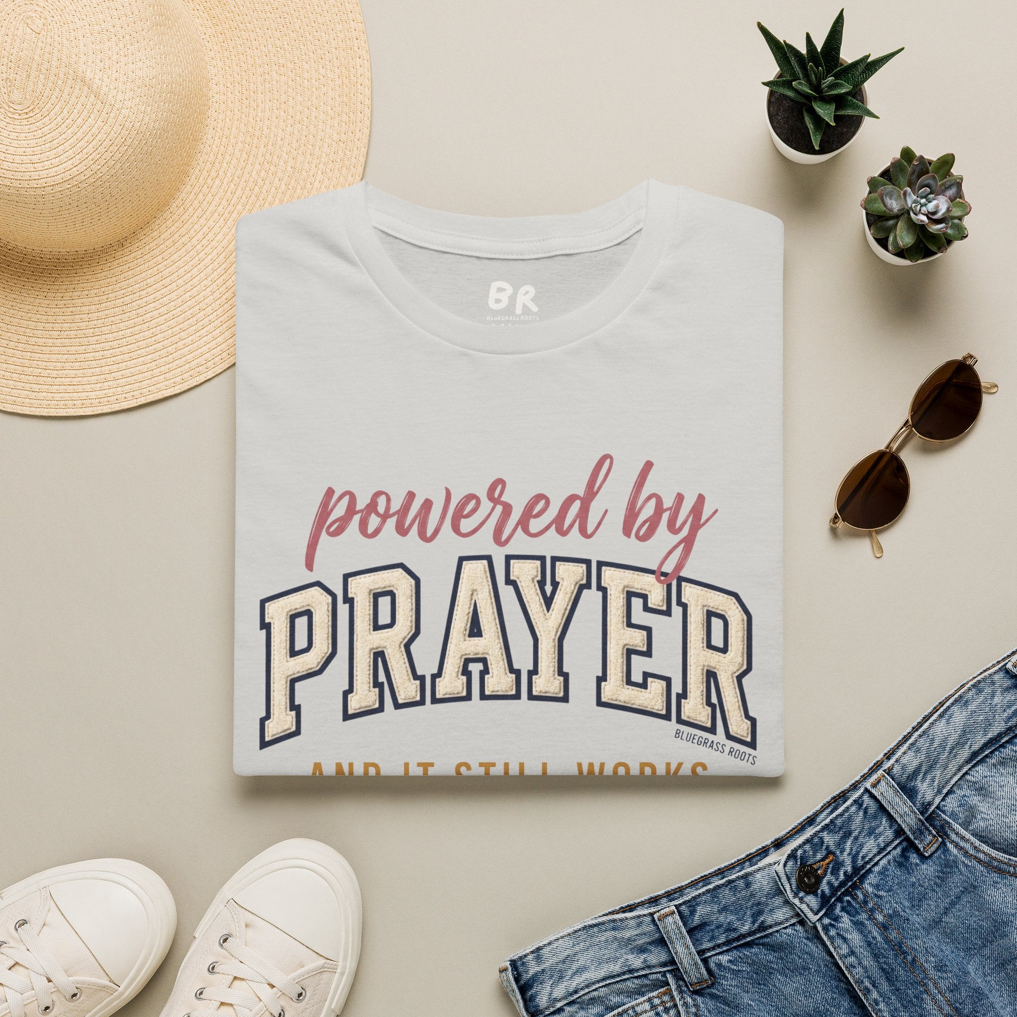 Powered by Prayer varsity shirt in S