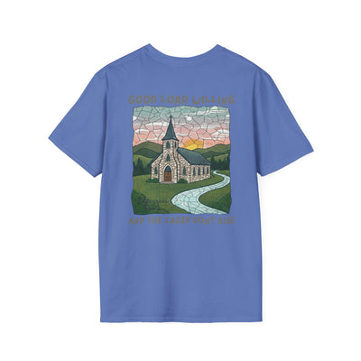 Blue t-shirt with a graphic of a church and landscape on the back, on a white background.