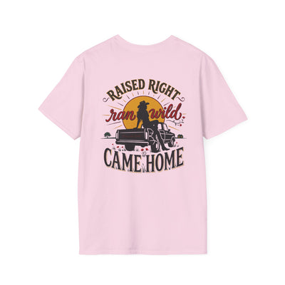 Bluegrass Roots Raised Right Ran Wild Came Home sunset tailgate tee back graphic in Light Pink
