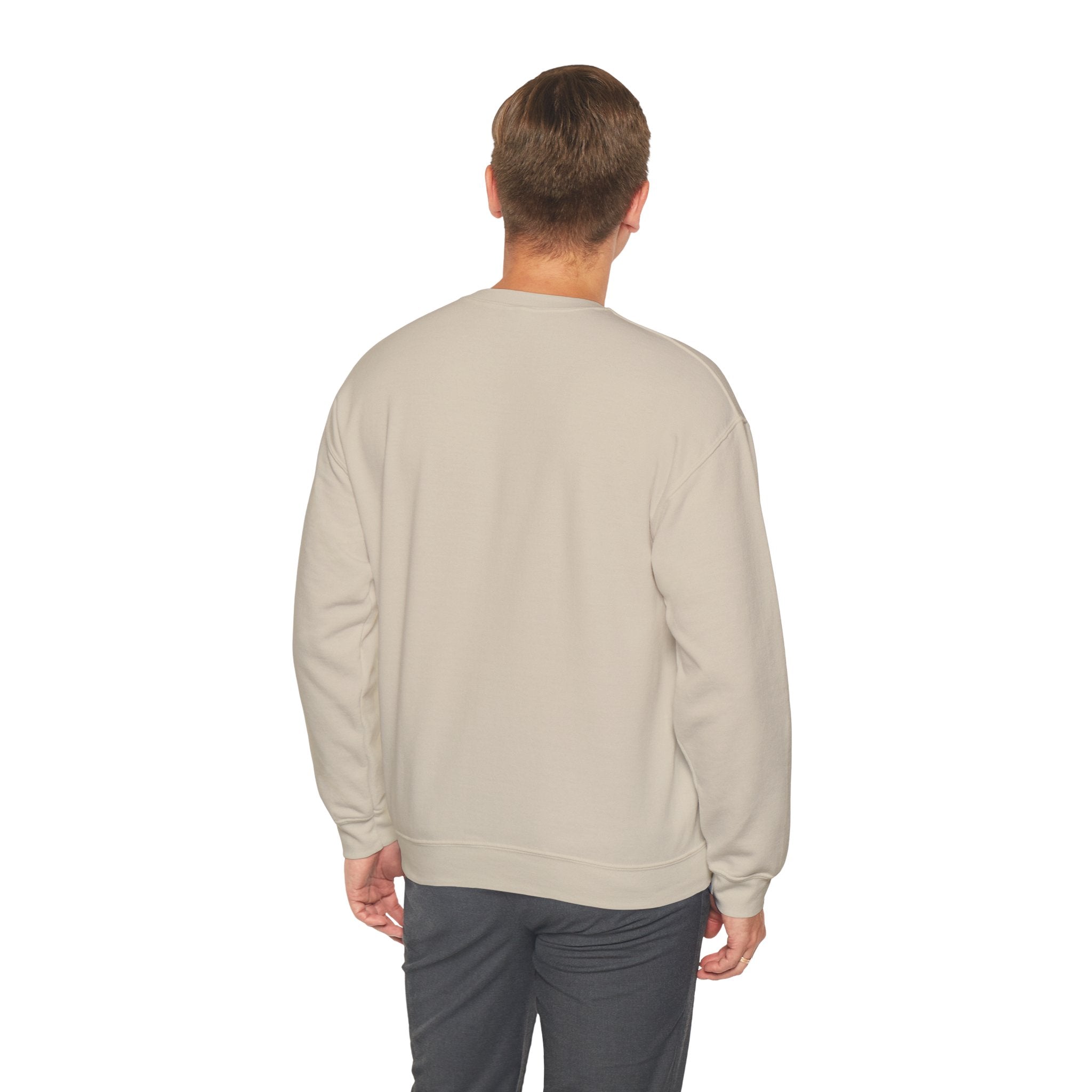Man wearing a beige sweatshirt on a white background