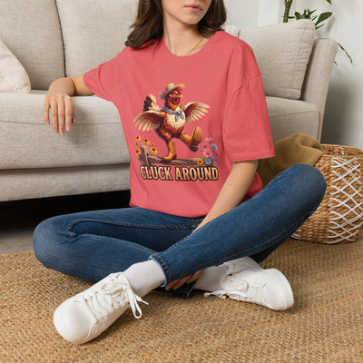 Cluck Around funny chicken shirt in Coral Silk