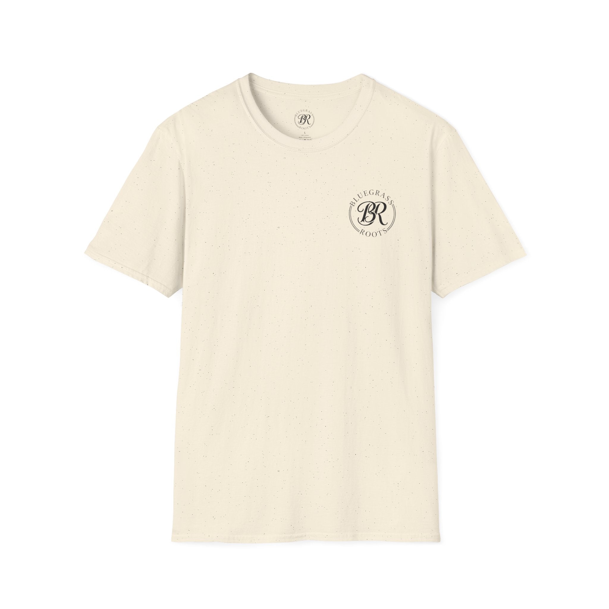 Beige t-shirt with a logo on a white background