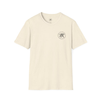 Beige t-shirt with a logo on a white background