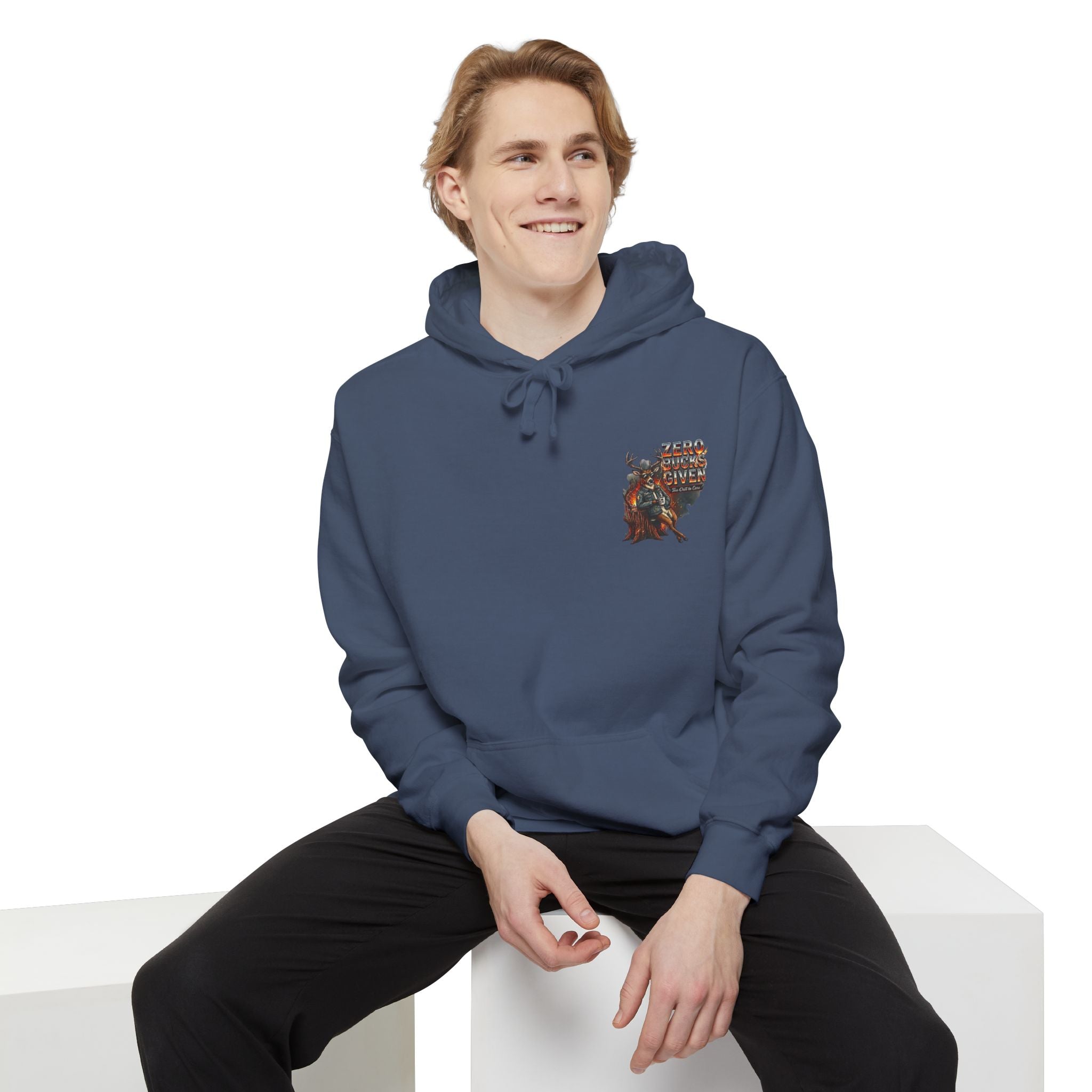 Man wearing a blue hoodie with a colorful design on a white background