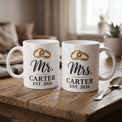 Mr. and Mrs. mugs, personalized set of 2 with last name and est. year