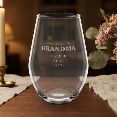 Promoted to Grandma Wine Glass — Engraved Grandkid Names