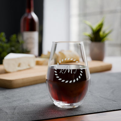 Script Initials Wine Glass — Wreath Monogram