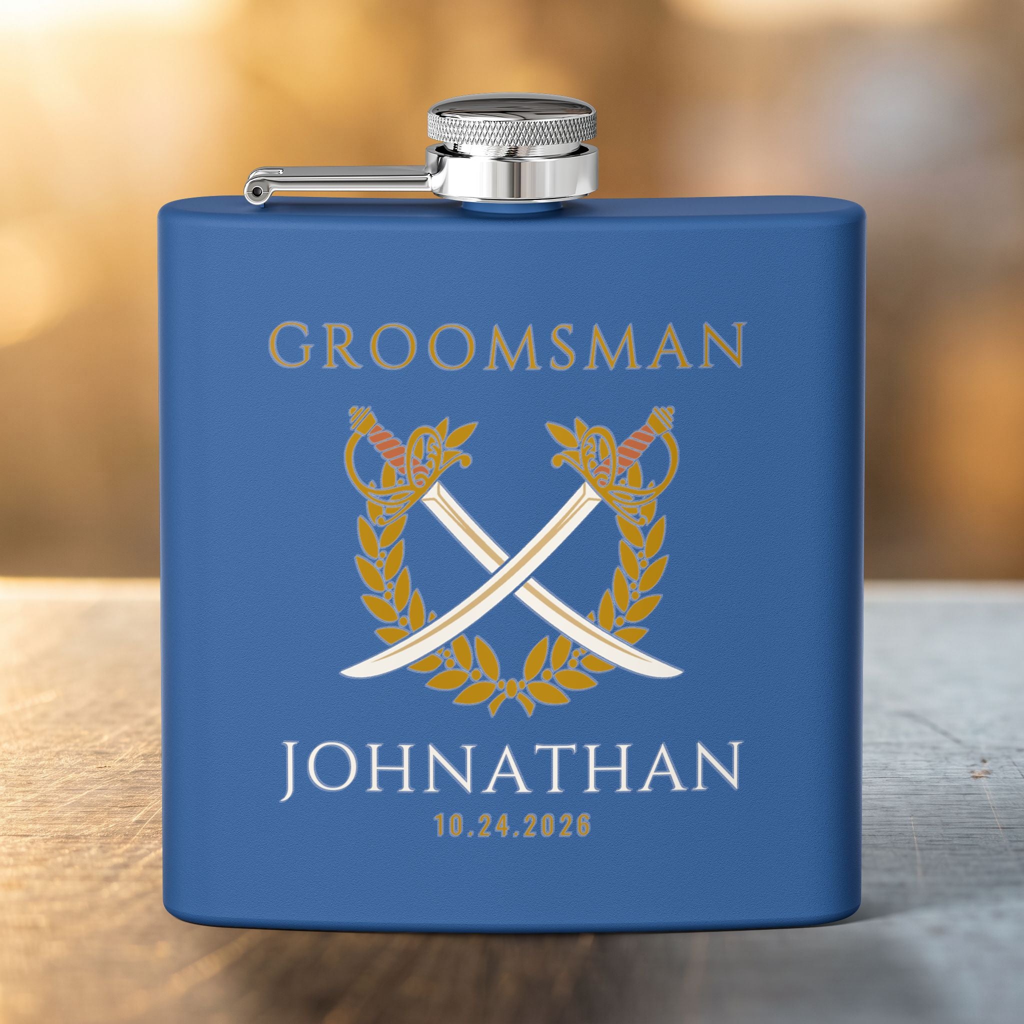Crossed Sabers Groomsman Flask — Personalized 6oz Whiskey Flask