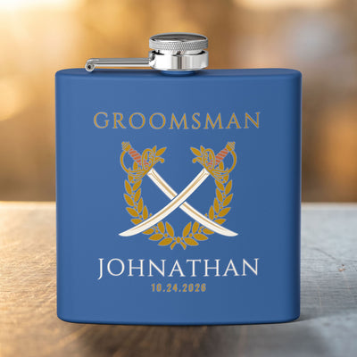 Crossed Sabers Groomsman Flask — Personalized 6oz Whiskey Flask