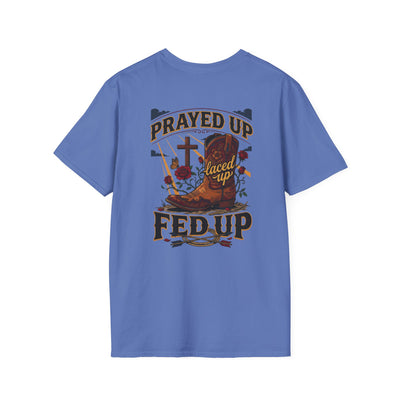 Bluegrass Roots Prayed Up Laced Up Fed Up cowgirl boot tee back graphic in Iris