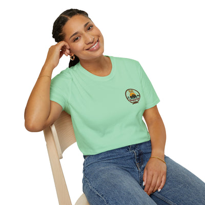 Woman wearing the Bluegrass Roots Raised Right Ran Wild Came Home sunset tailgate tee, casual lifestyle pose