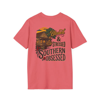 Bluegrass Roots Blessed Stressed Southern Obsessed farmhouse tee back graphic in Coral Silk