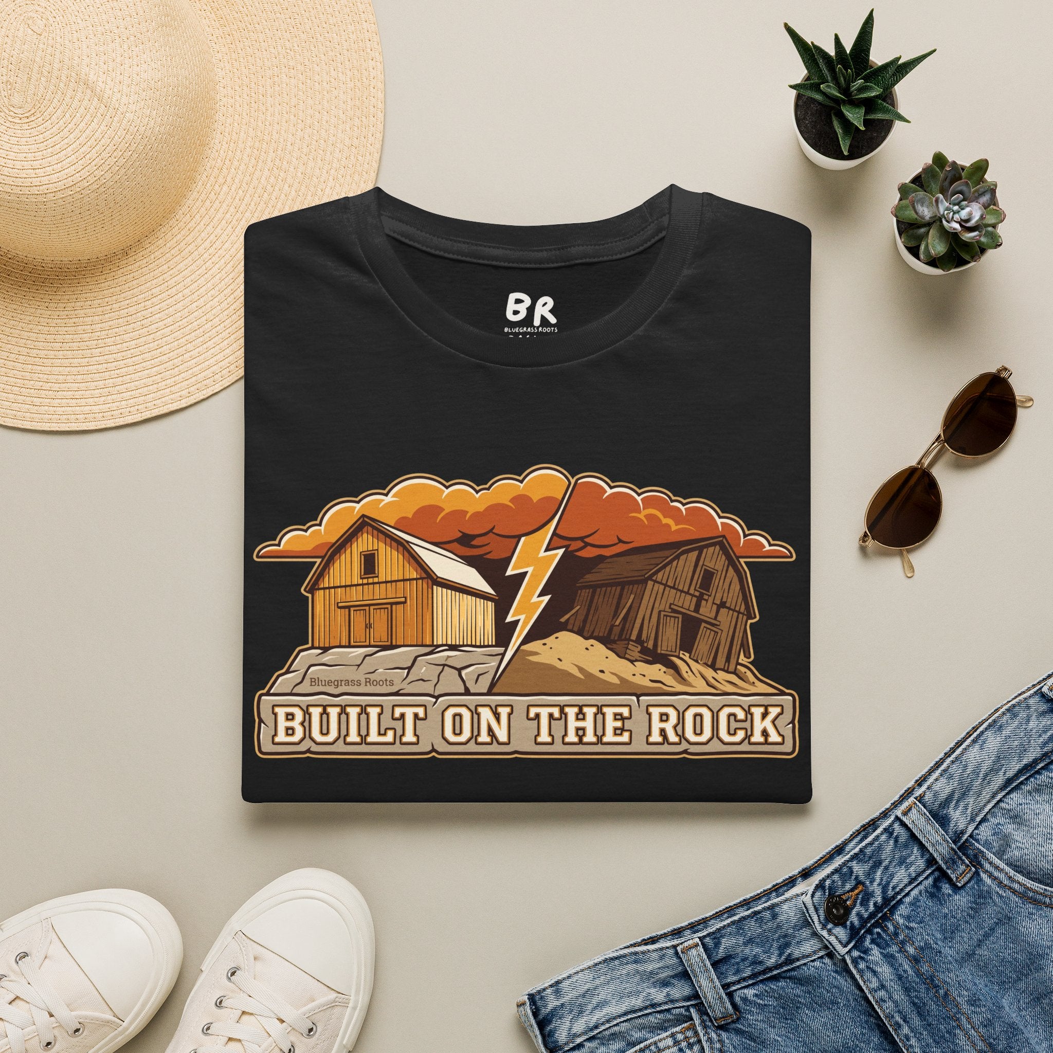 Built on the Rock christian shirt for men, Built on the Rock split barn parable design