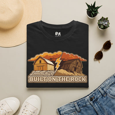 Built on the Rock christian shirt for men, Built on the Rock split barn parable design